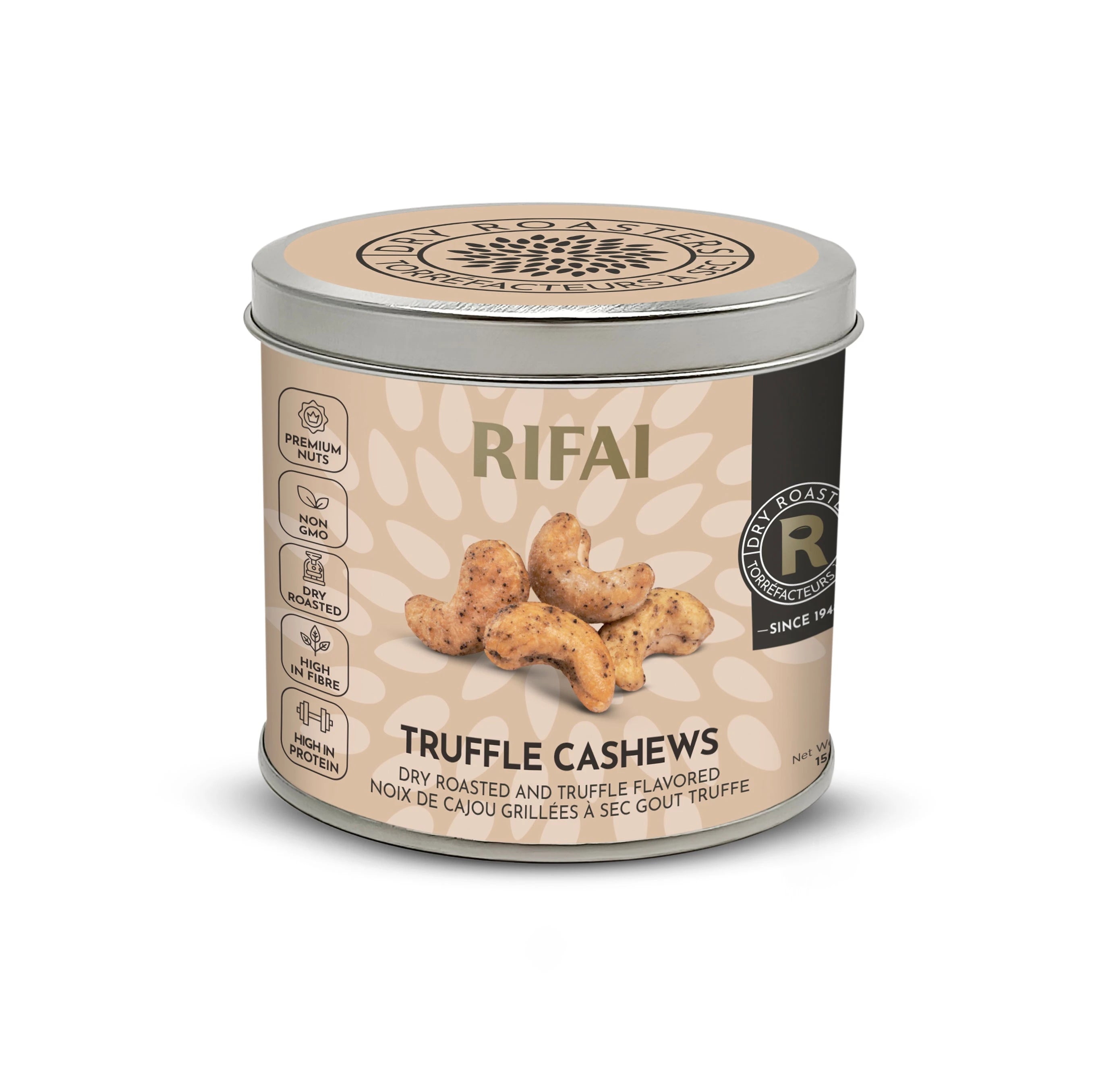 Dry-roasted Truffle Cashews with black truffle flavor – crunchy, creamy, savory vegan snack.