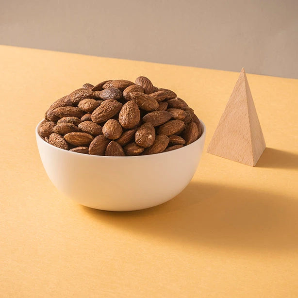 Smoky dry roasted almonds, hand-picked and perfectly crunchy, golden-brown, bold savory flavor, healthy and guilt-free snack for home, work, or on-the-go