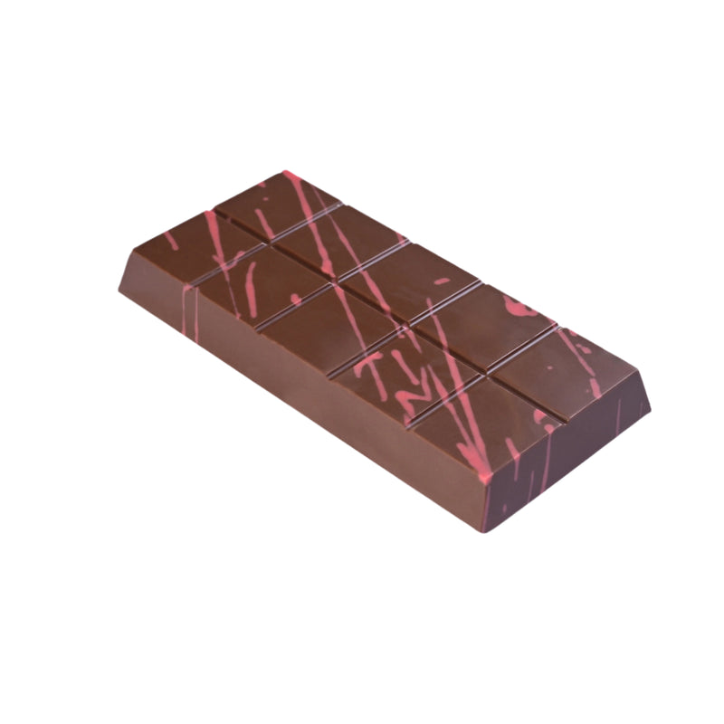 Chocolate bar with a creamy cheesecake filling and biscuit crust pieces, shown sliced to reveal the rich, layered texture.