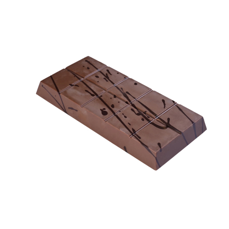 Milk chocolate bar filled with creamy hazelnut spread and whole roasted hazelnuts, shown with a smooth cut revealing the rich filling.