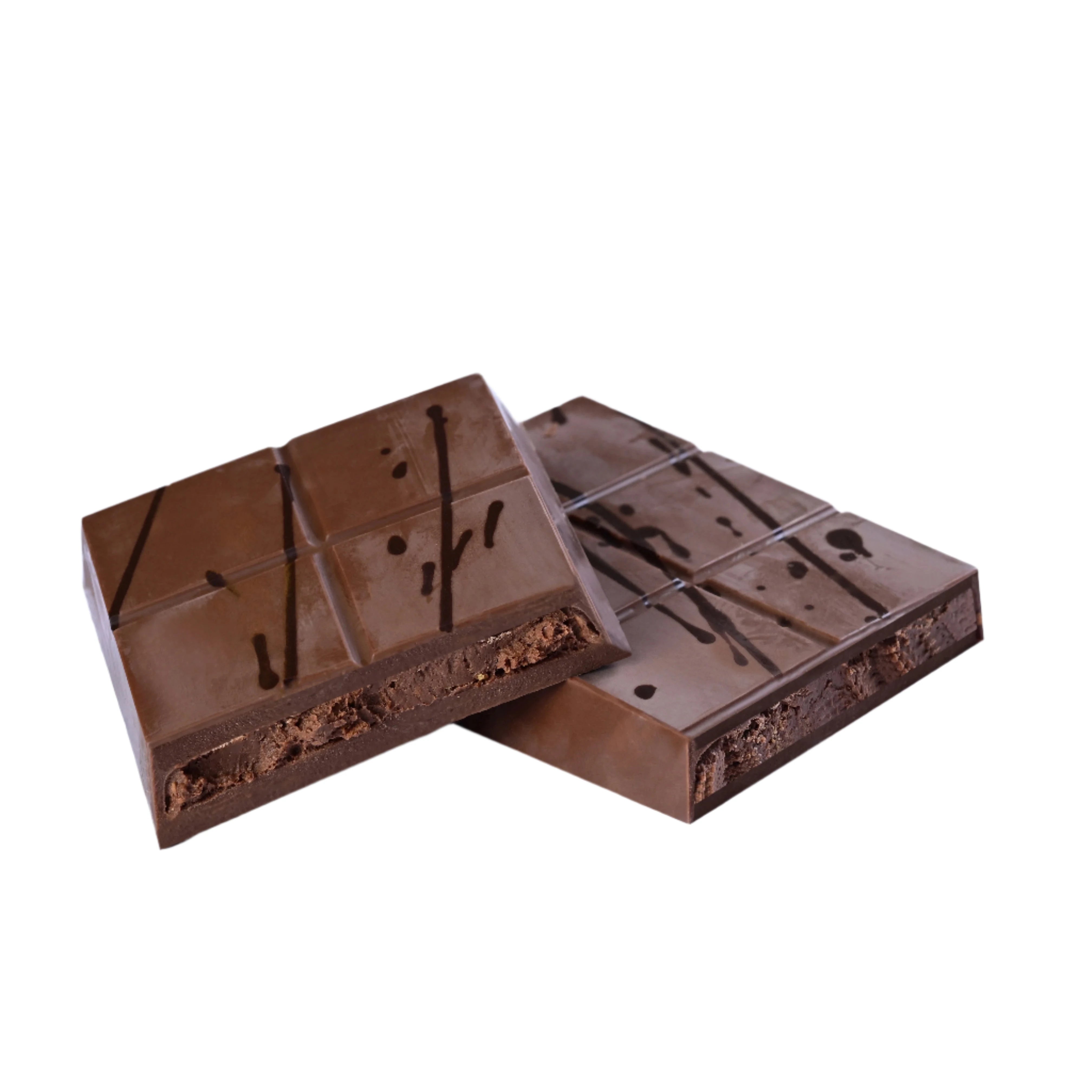 Milk chocolate bar filled with creamy hazelnut spread and whole roasted hazelnuts, shown with a smooth cut revealing the rich filling.