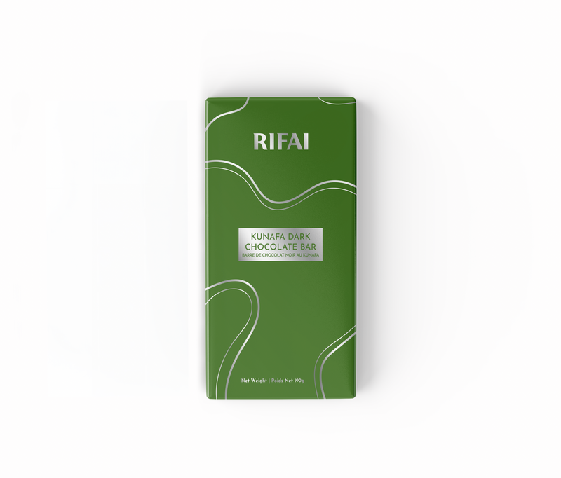Dark chocolate bar infused with crispy kunafa pieces, elegantly wrapped and inspired by Middle Eastern flavors.