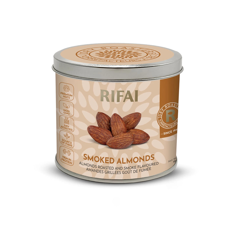 Smoky dry roasted almonds, hand-picked and perfectly crunchy, golden-brown, bold savory flavor, healthy and guilt-free snack for home, work, or on-the-go
