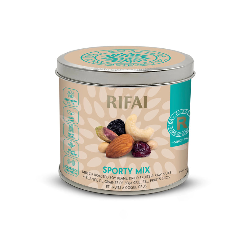 Sporty Mix of roasted cashews, almonds, walnuts, raisins, and dried cranberries, a protein-rich and energizing snack.