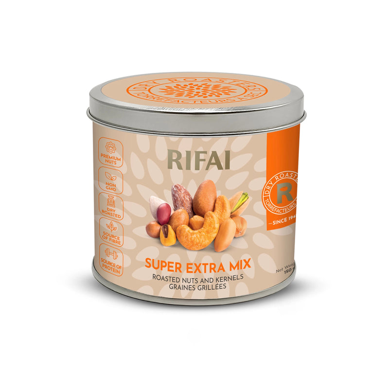 Premium Super Extra Mix of dry roasted nuts and seeds – pistachios, almonds, cashews, peanuts, hazelnuts, pumpkin seeds. Healthy vegan snack.